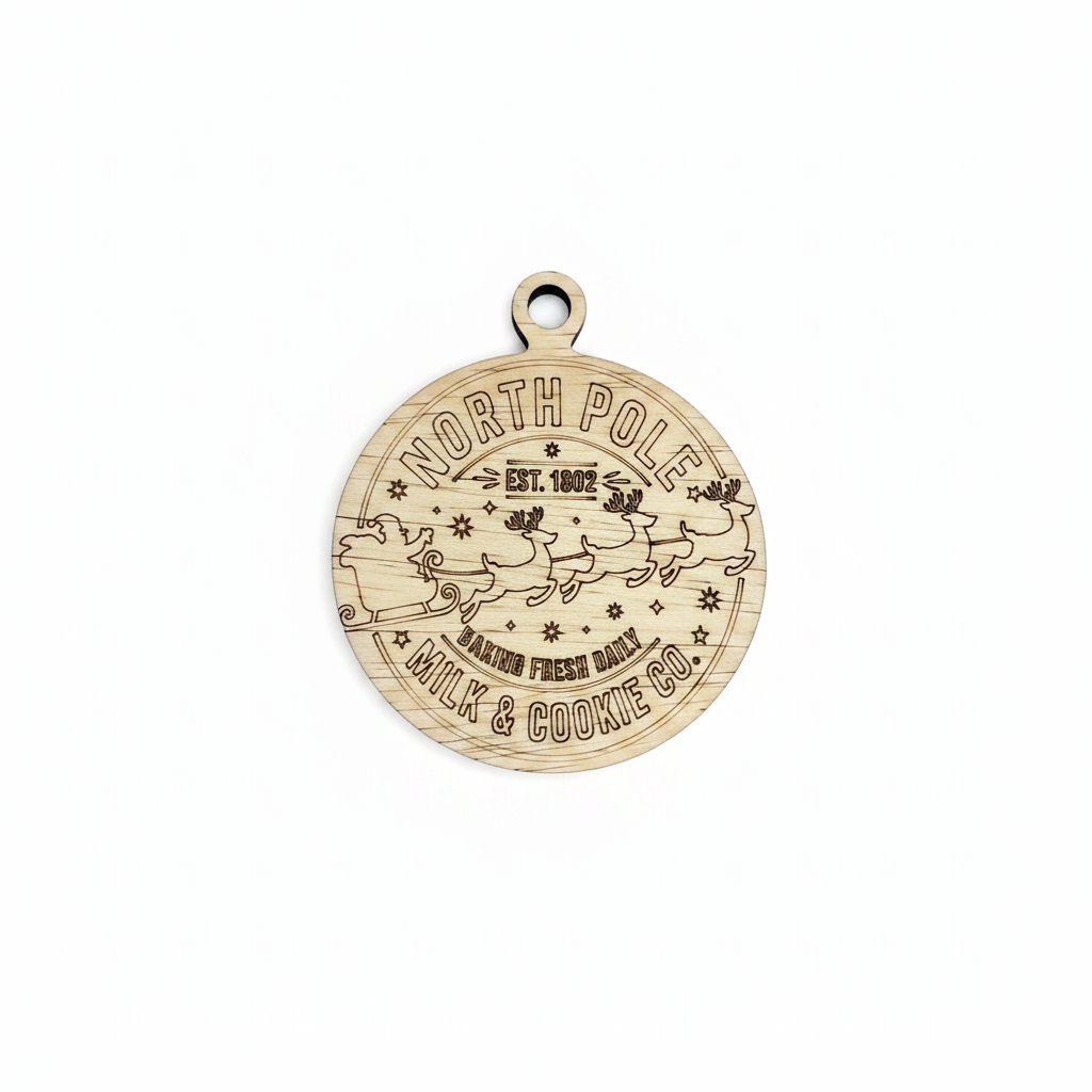 North Pole Milk and Cookie Co. laser engraved wooden ornament