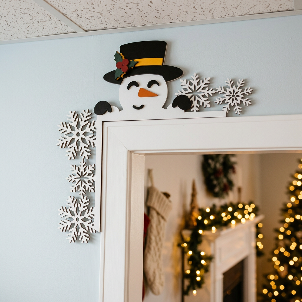 Laser cut wood snowman corner decoration mounted on top of white interior door frame in cozy Christmas home