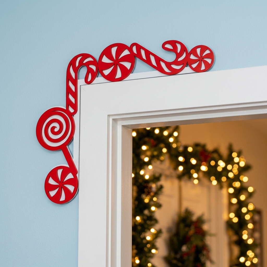 Laser cut wood candy cane corner decoration mounted on top of white interior door frame in cozy Christmas home