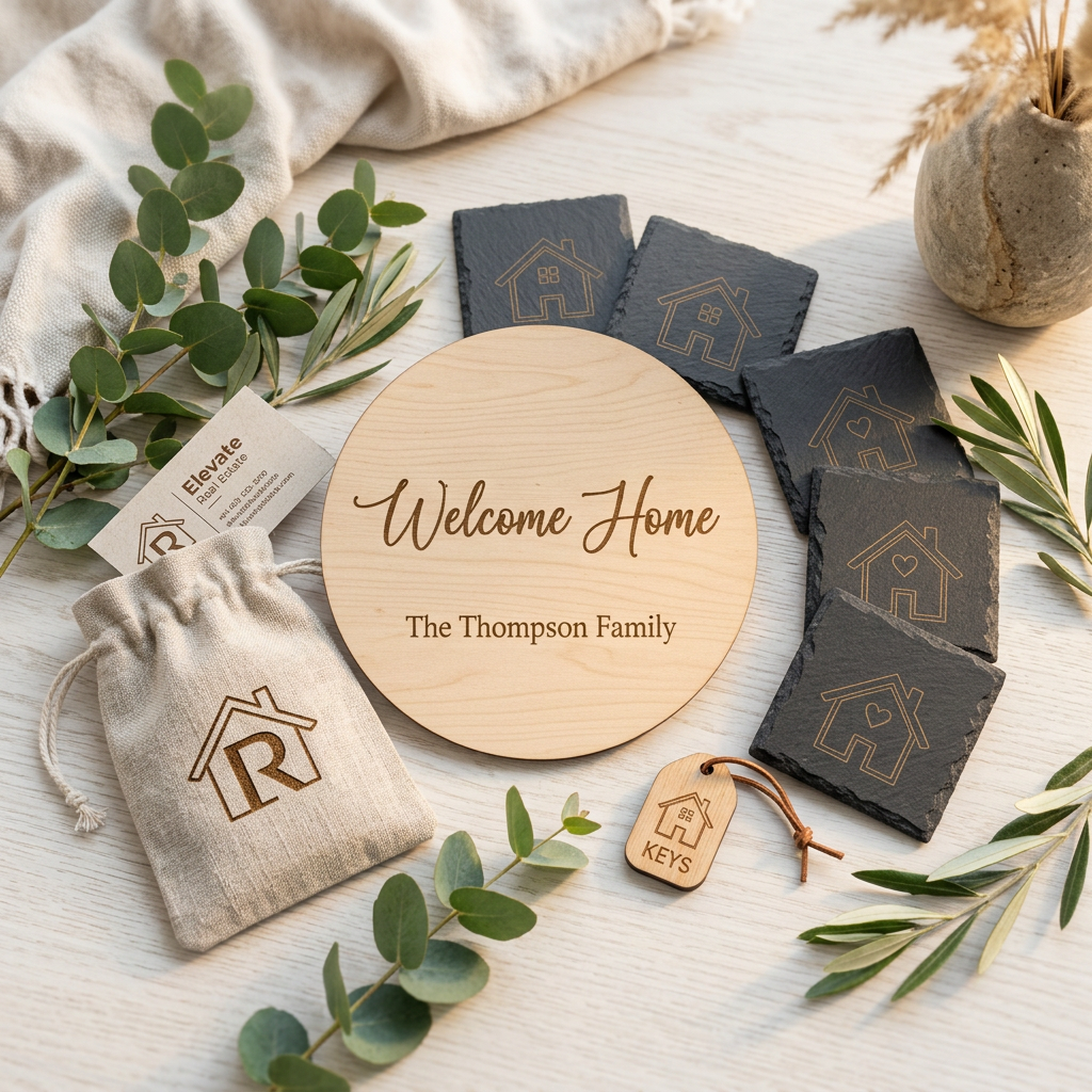 Starter realtor welcome home laser engraved wood gift package lifestyle photo