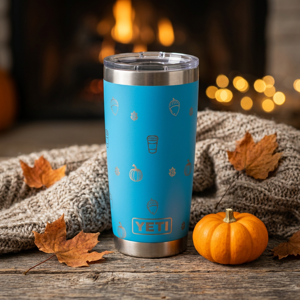Fall laser engraved YETI tumbler in cozy autumn lifestyle setting
