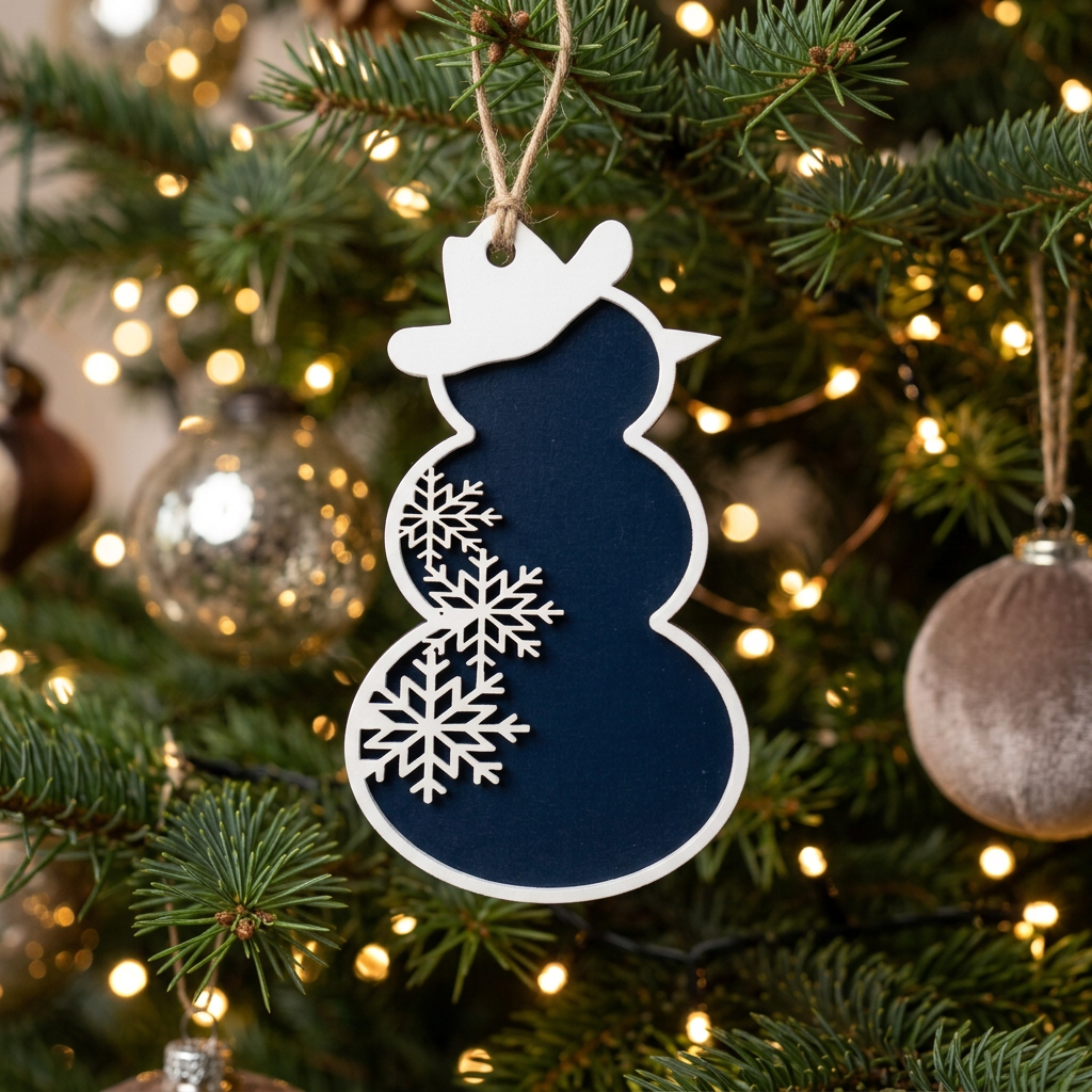 Laser cut wood snowman Christmas ornament hanging on decorated Christmas tree with warm fairy lights