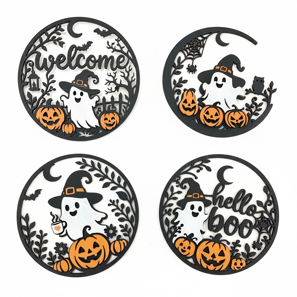 Four Halloween ghost laser cut signs set