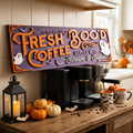 Fresh Boo'd Coffee lavender purple Halloween sign displayed on kitchen coffee station