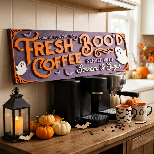 Fresh Boo'd Coffee lavender purple Halloween sign displayed on kitchen coffee station