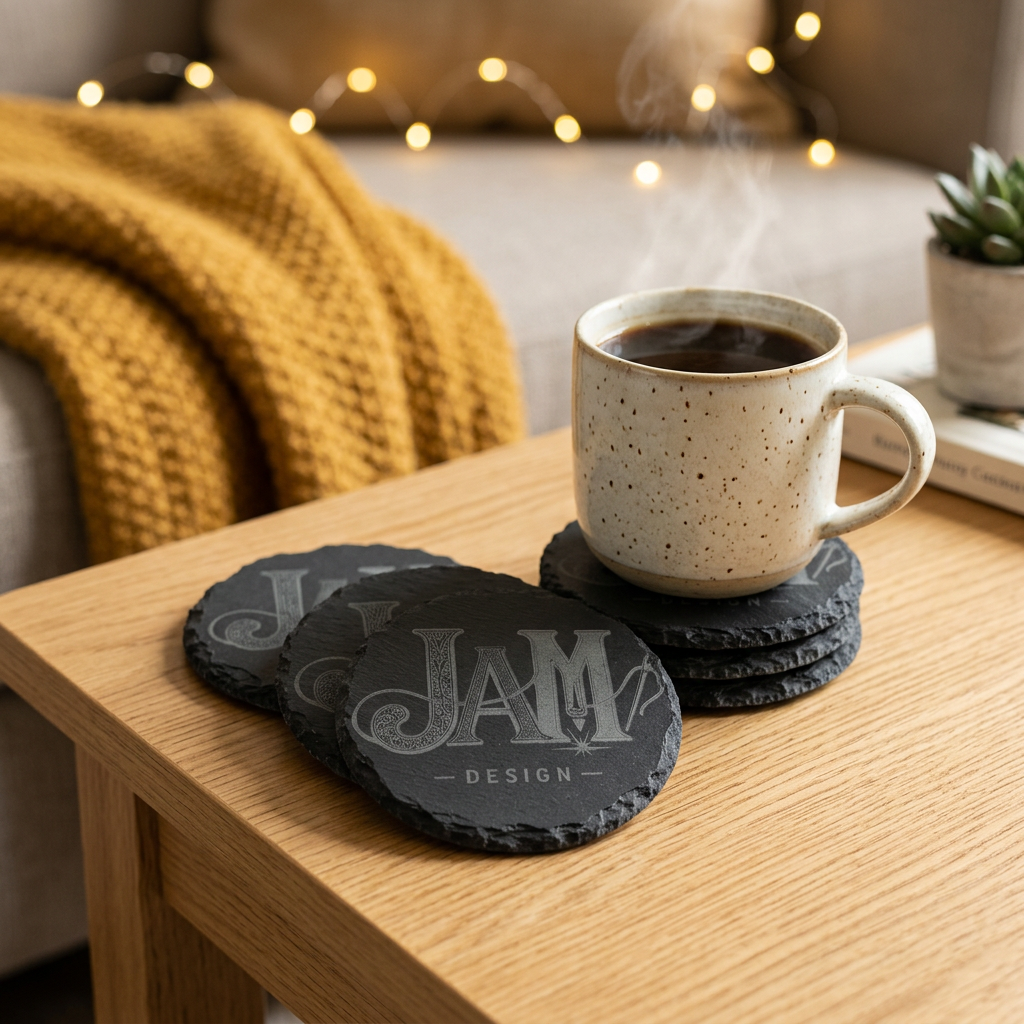 Laser engraved slate coaster set of 4 displayed on cozy living room coffee table lifestyle photo