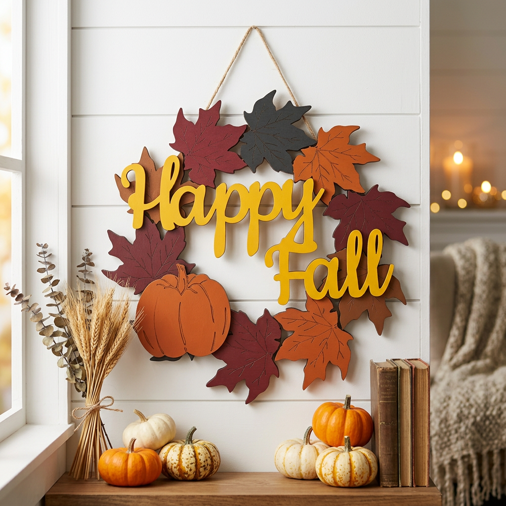 Happy Fall laser cut wood wreath sign displayed in cozy fall home decor setting