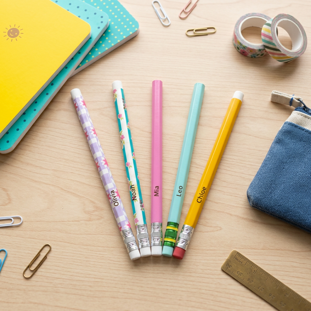 Personalized laser engraved pencils set displayed in cheerful back to school lifestyle setting