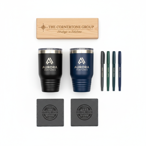 Custom laser engraved powder coated tumblers and pens with business logo