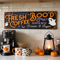 Fresh Boo'd Coffee black Halloween sign with lilac bats and served with text, white scream and sugar, displayed on kitchen coffee station