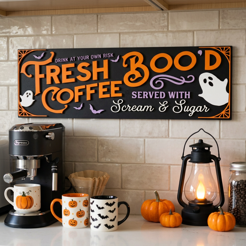 Fresh Boo'd Coffee black Halloween sign with lilac bats and served with text, white scream and sugar, displayed on kitchen coffee station