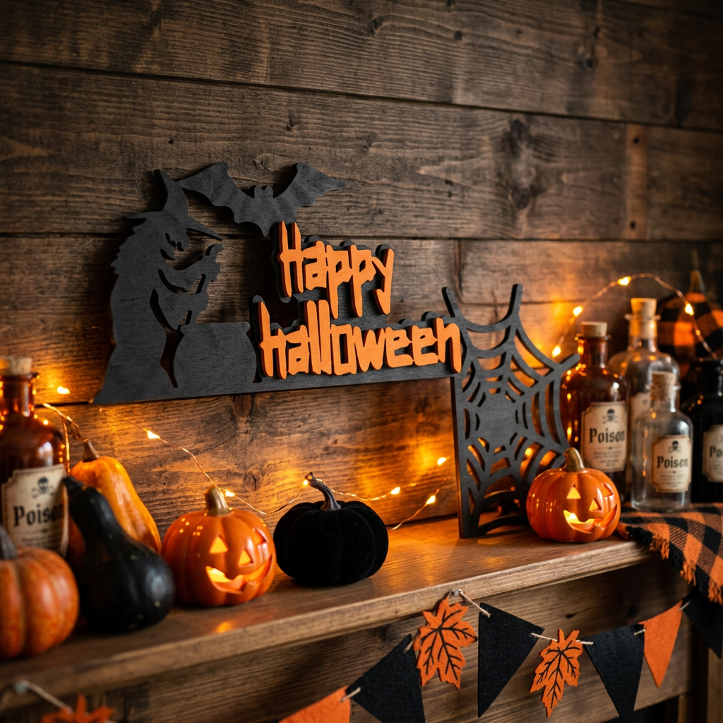 Happy Halloween laser cut wood witch sign with orange text displayed in Halloween decorated home