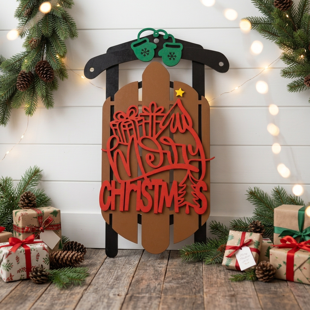 Merry Christmas laser cut wood sled sign displayed upright in cozy holiday home setting
